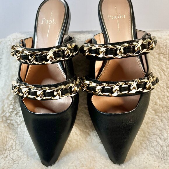 Linea Paolo Aurel Mules | Black Pointed Toe Flats w/ Double Chain | Size 8.5 - Picture 15 of 16